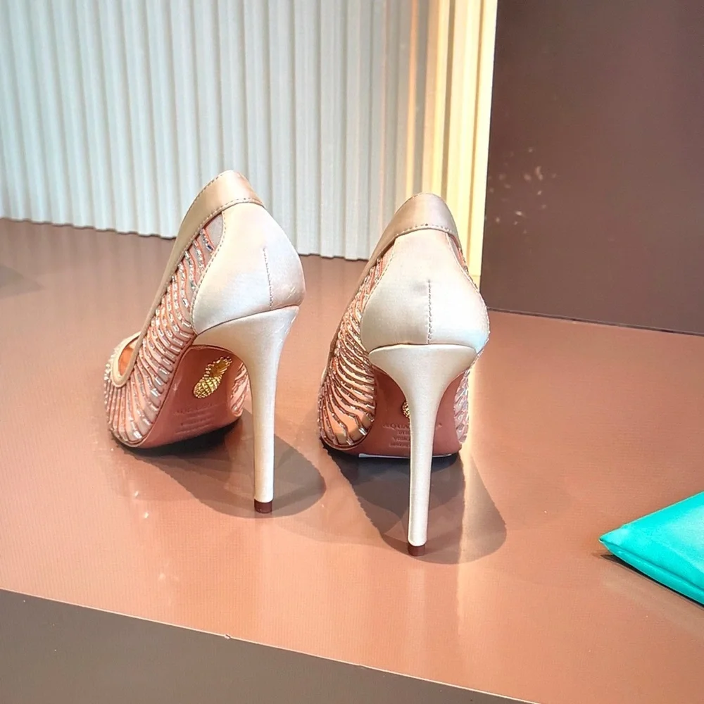 Aquazzura Blush Pink Crystal-Striped Pointed Stiletto Pumps